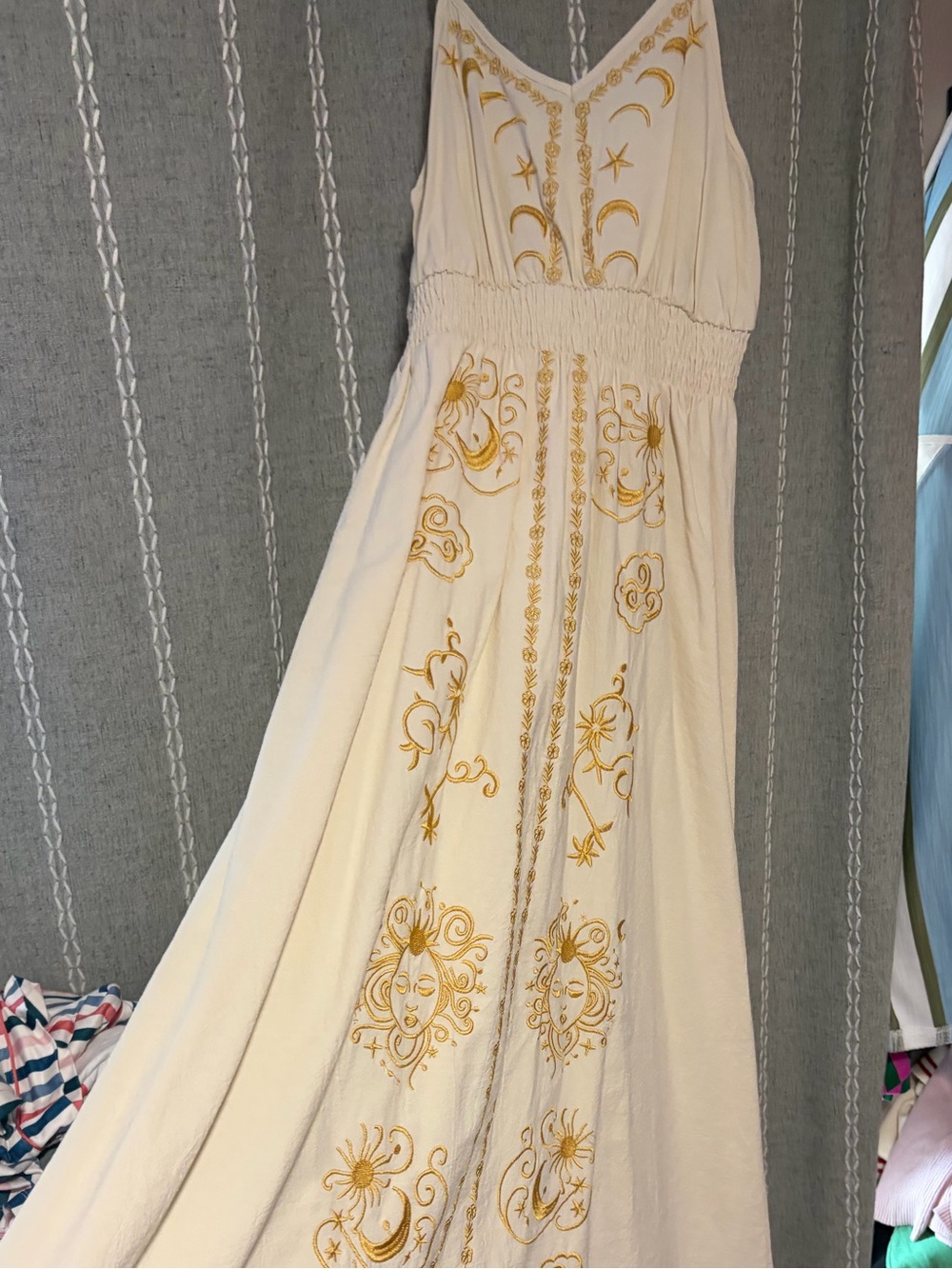 ROMWE Cream Maxi Dress with Gold Embroidery